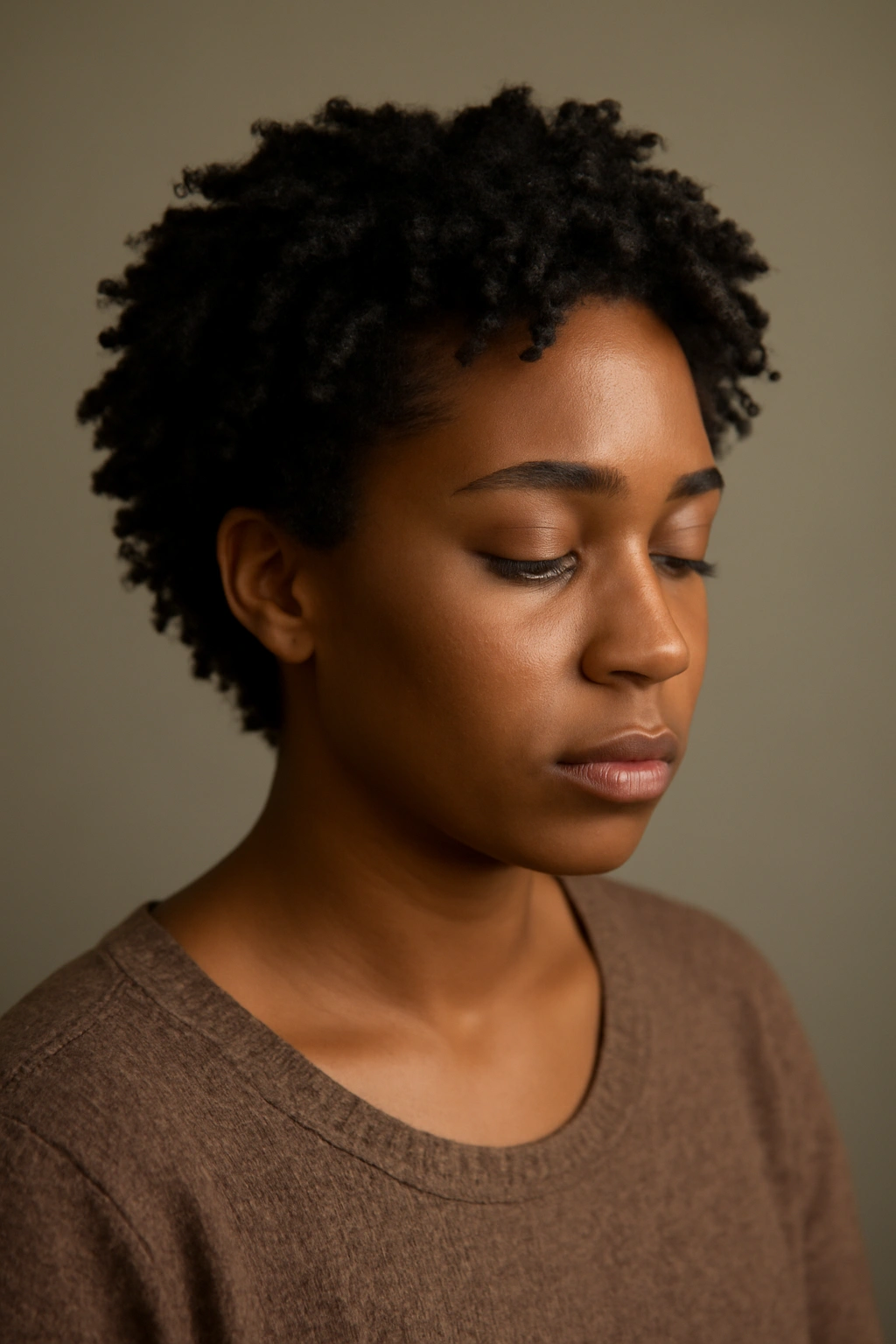 Contemplative portrait of a person with short natural twist-out hair