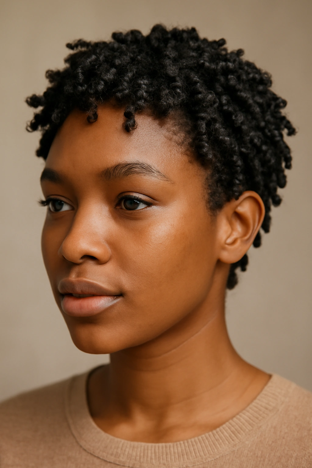 Close-up of a short natural hairstyle with a twist-out showing defined curl clusters