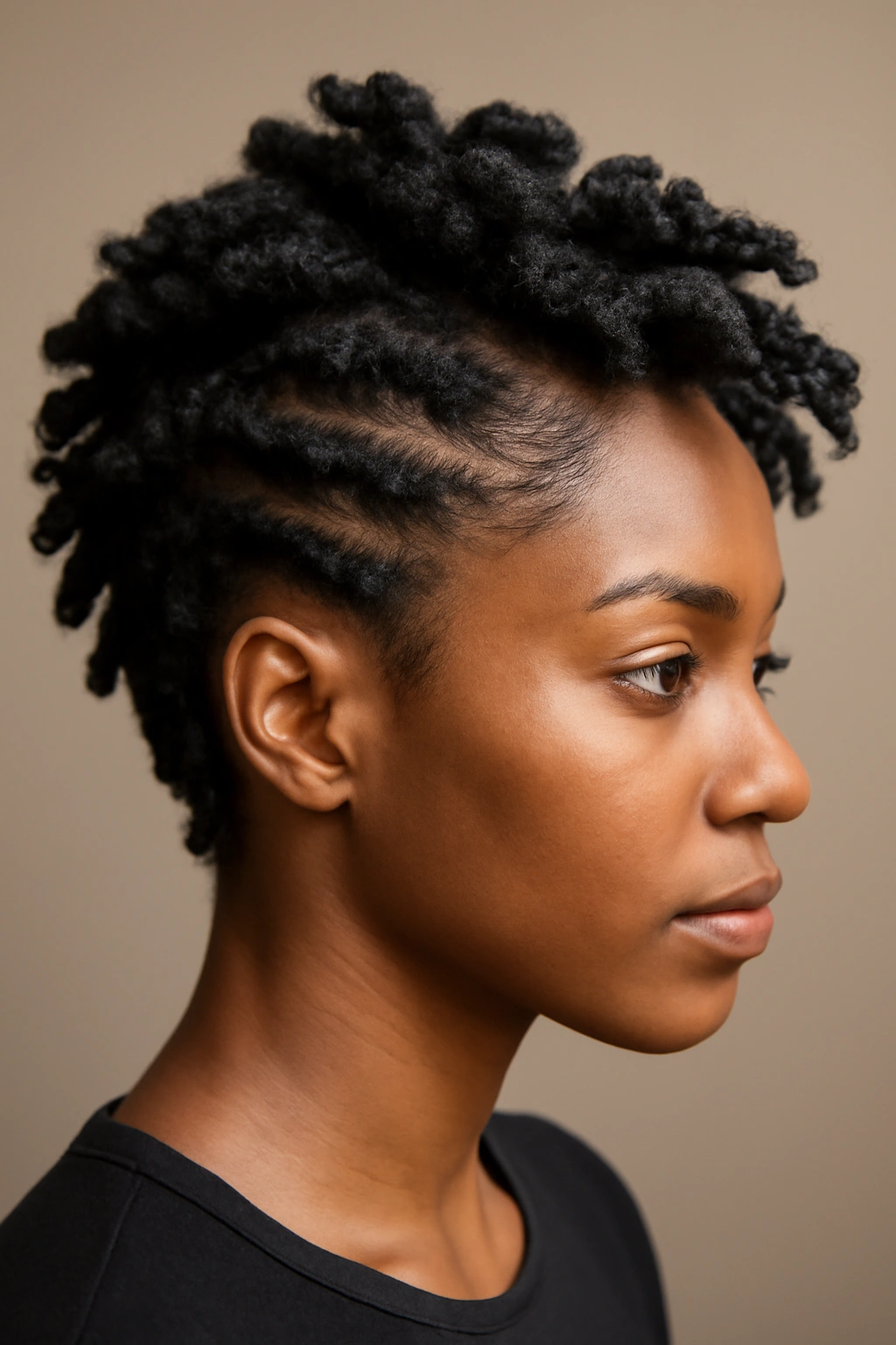 Close-up of short natural hair with high-contrast twist thickness variations