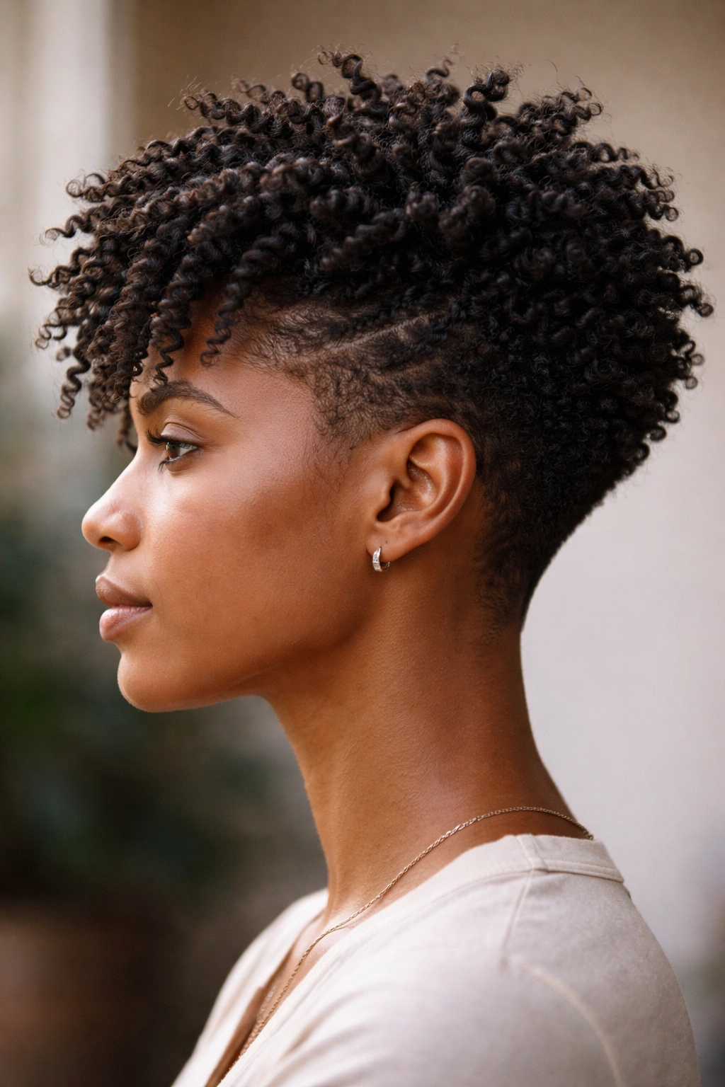 Close-up of coily hair showing twist-out taper with elongated curls at crown