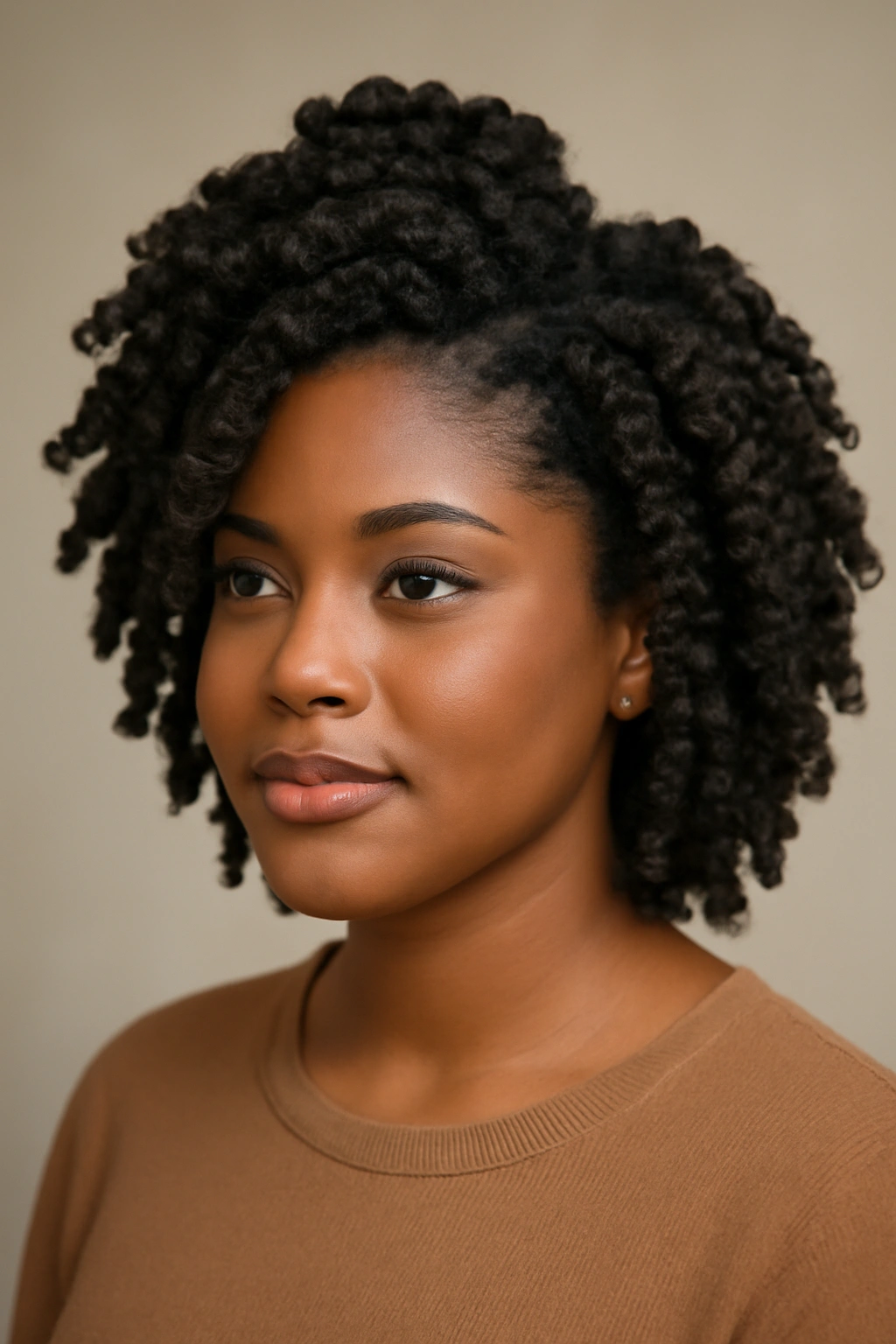 Black woman with voluminous twist-out hairstyle and defined texture