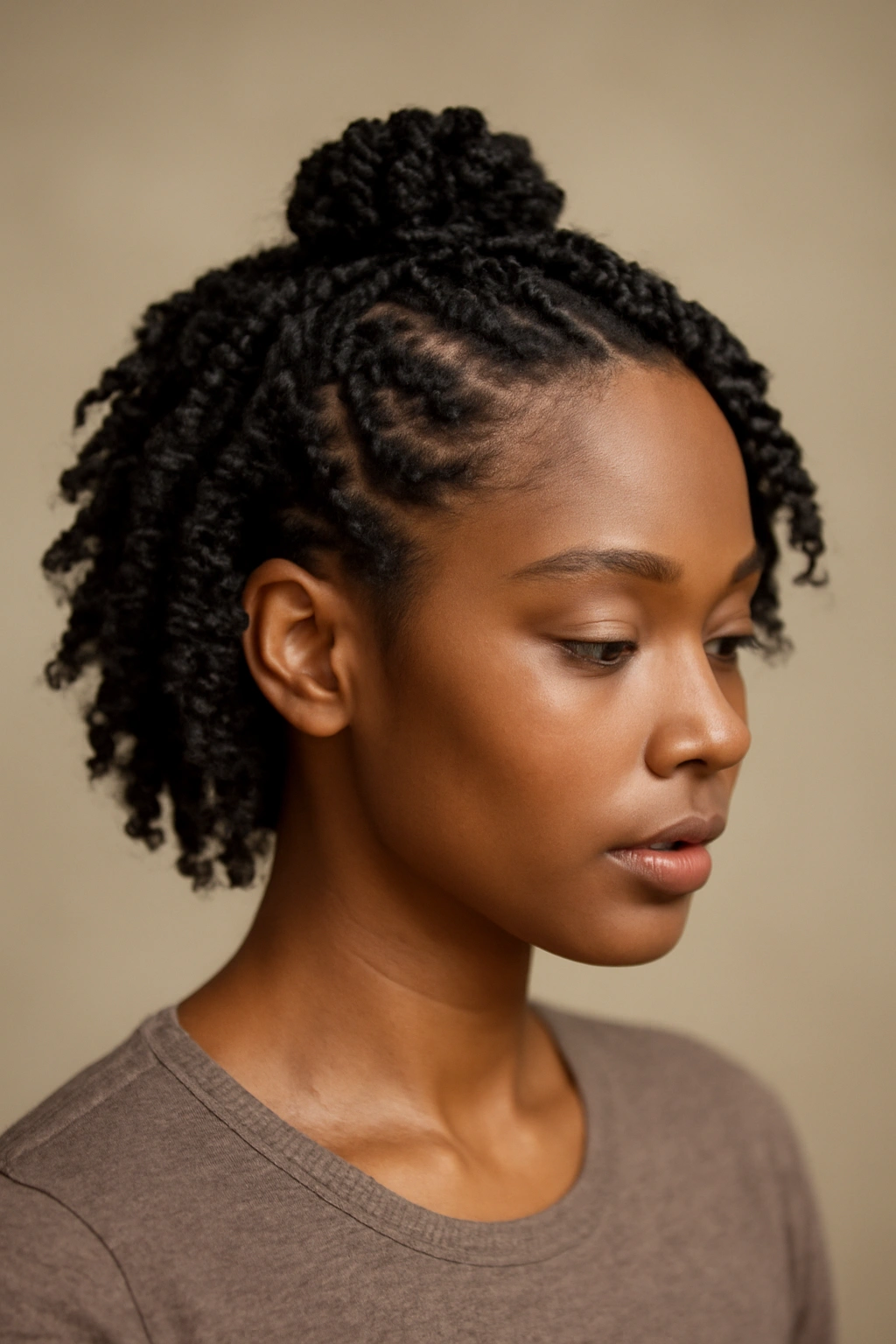 Twists arranged with a small crown bun and loose texture at the back