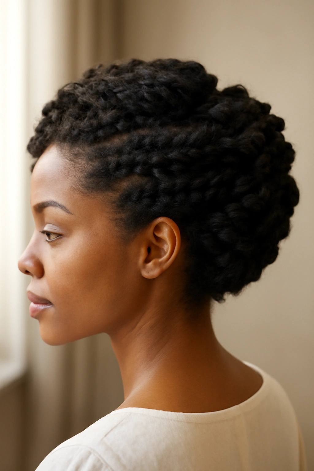 Textured twist-out updo on short hair