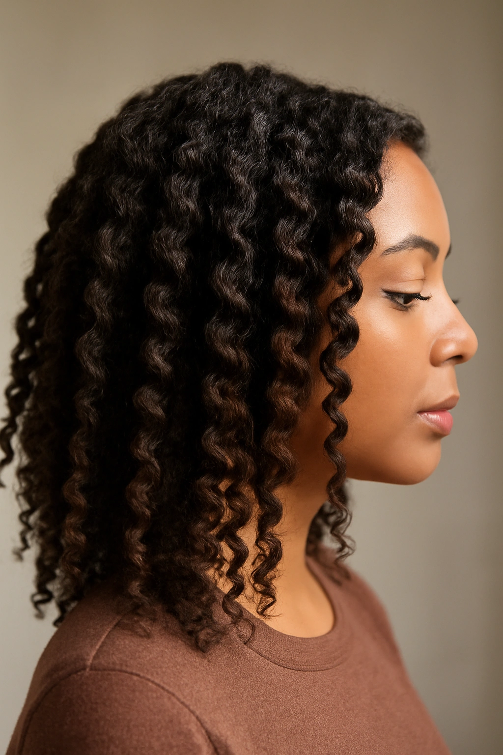 Side profile of twist-out with elongated waves on natural curls