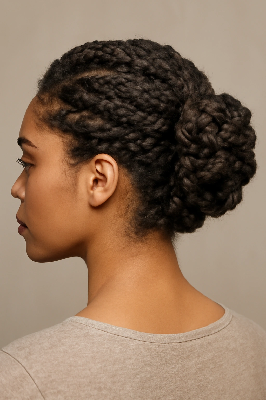 Close-up of an intricate twisted updo pinned at the back