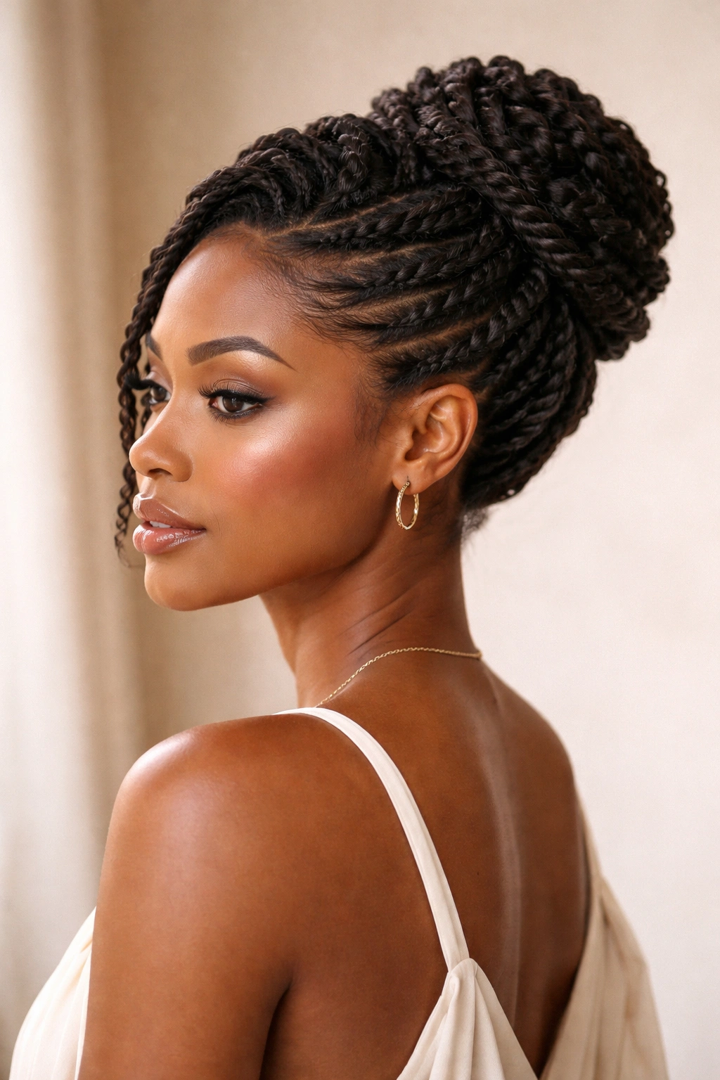 Elegant twist updo showing sculpted twists and refined finish