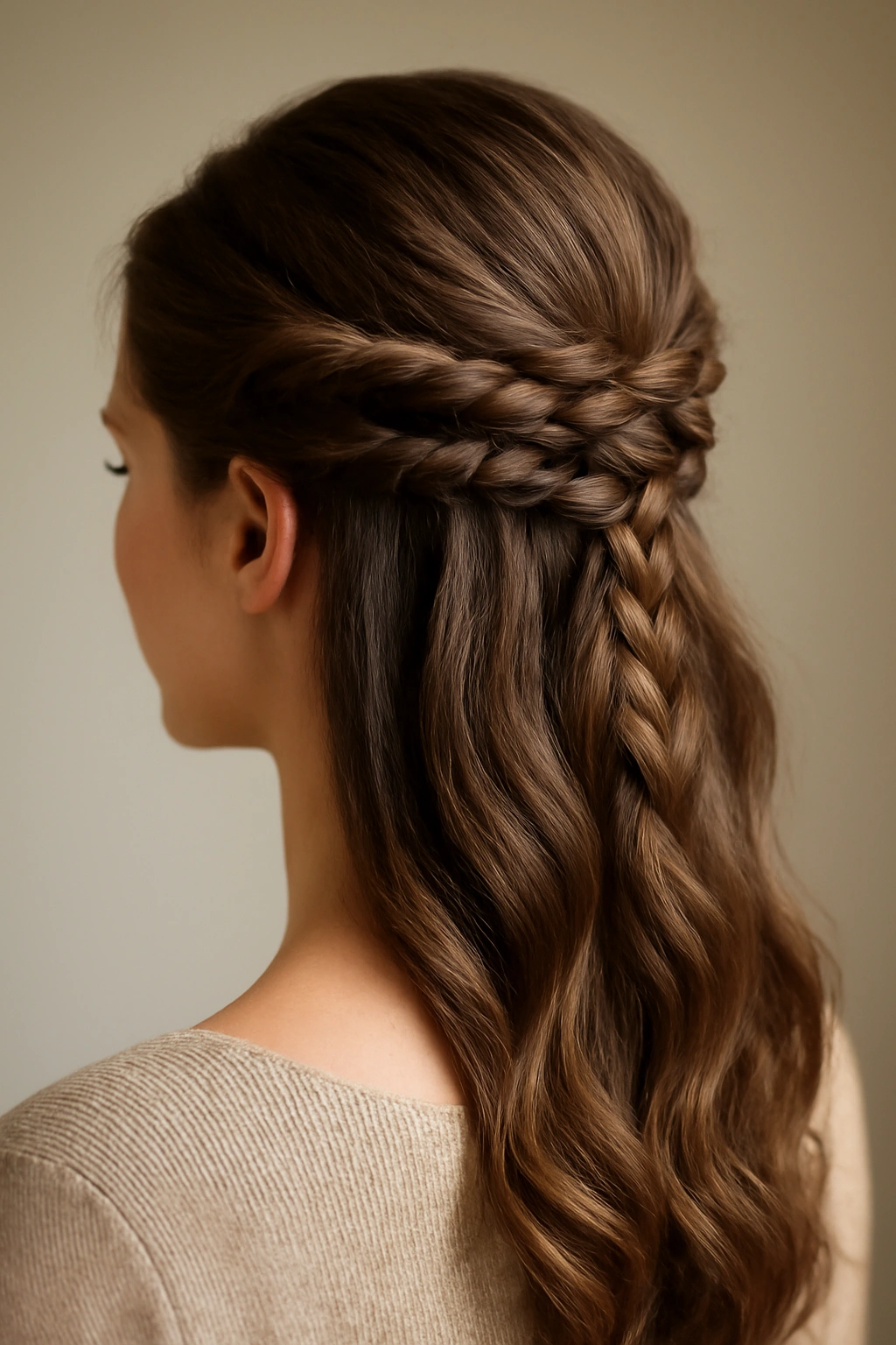 Half-up hairstyle with twists and braids secured at the back, showing volume