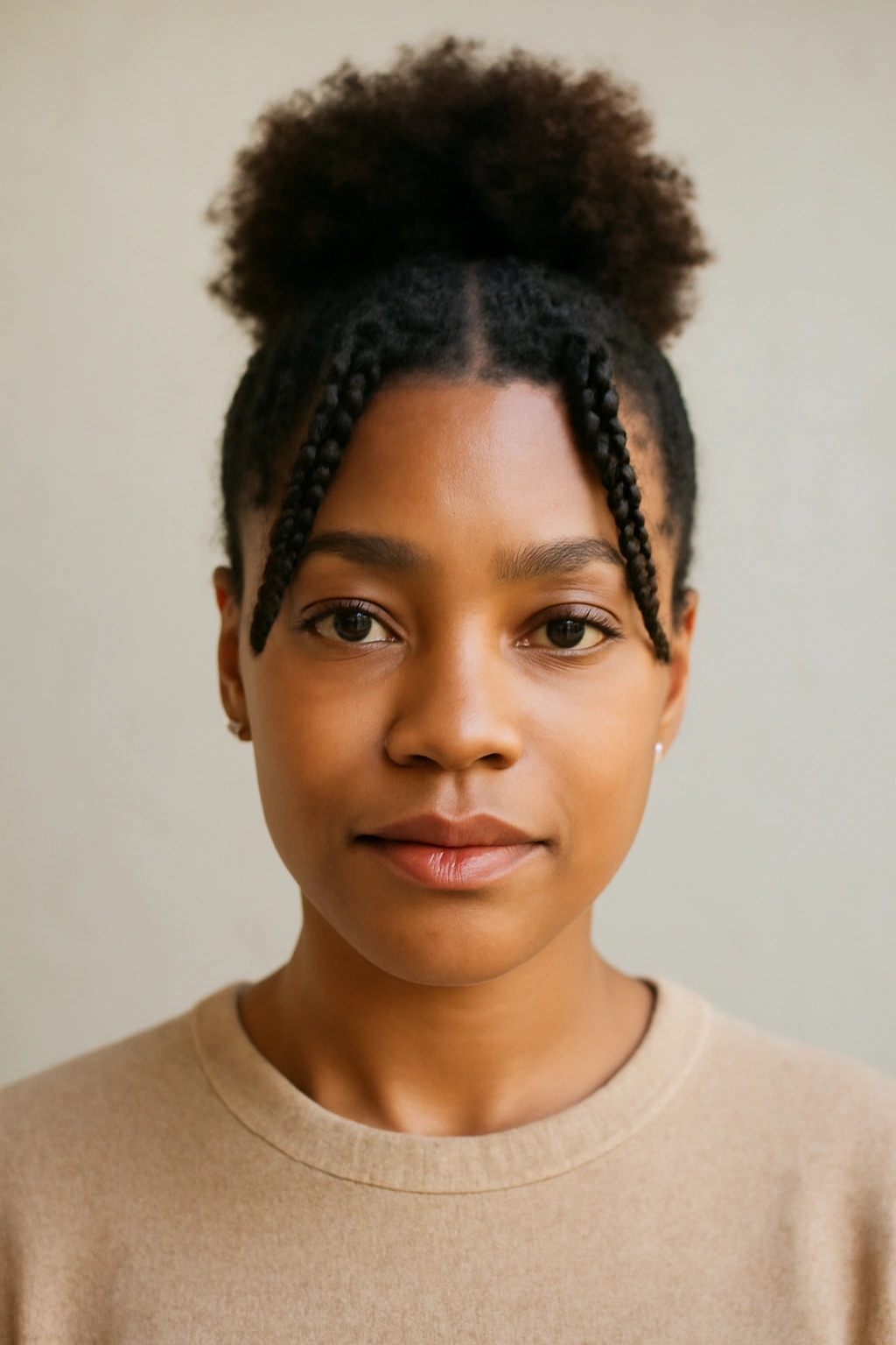 Twisted bangs with high puff framing the face