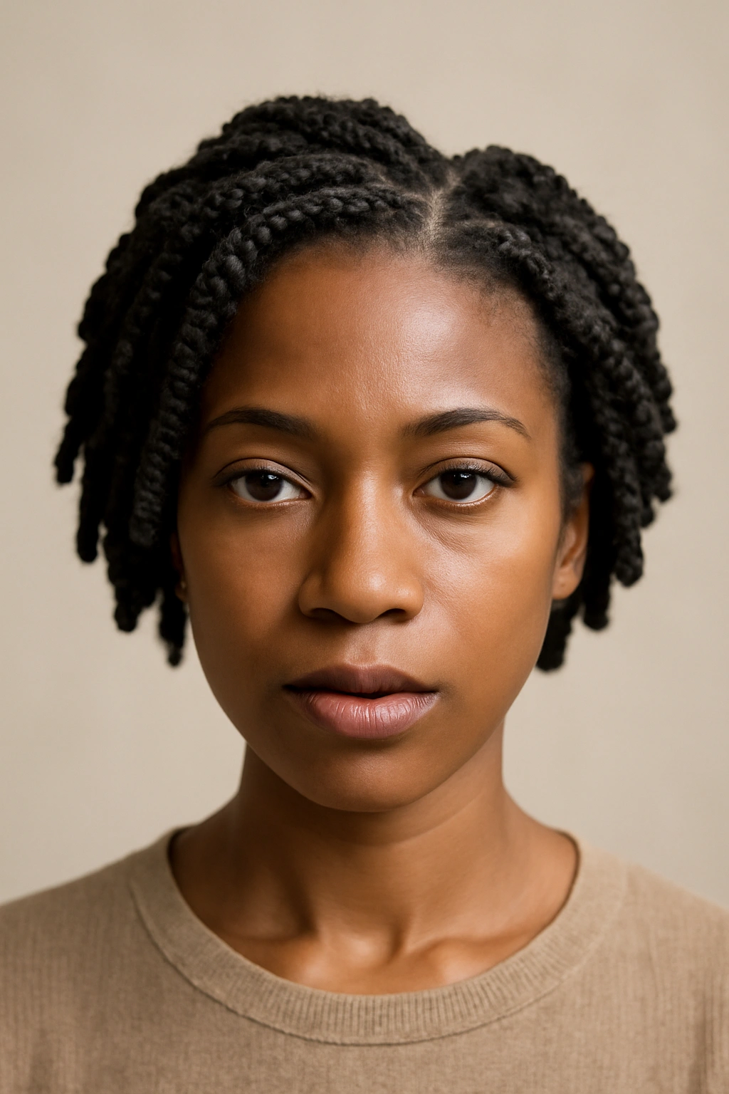 Twisted bob with tightly twisted sections forming a textured silhouette