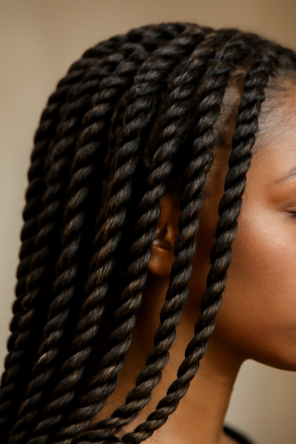 Close-up of twisted box braids with spiral texture