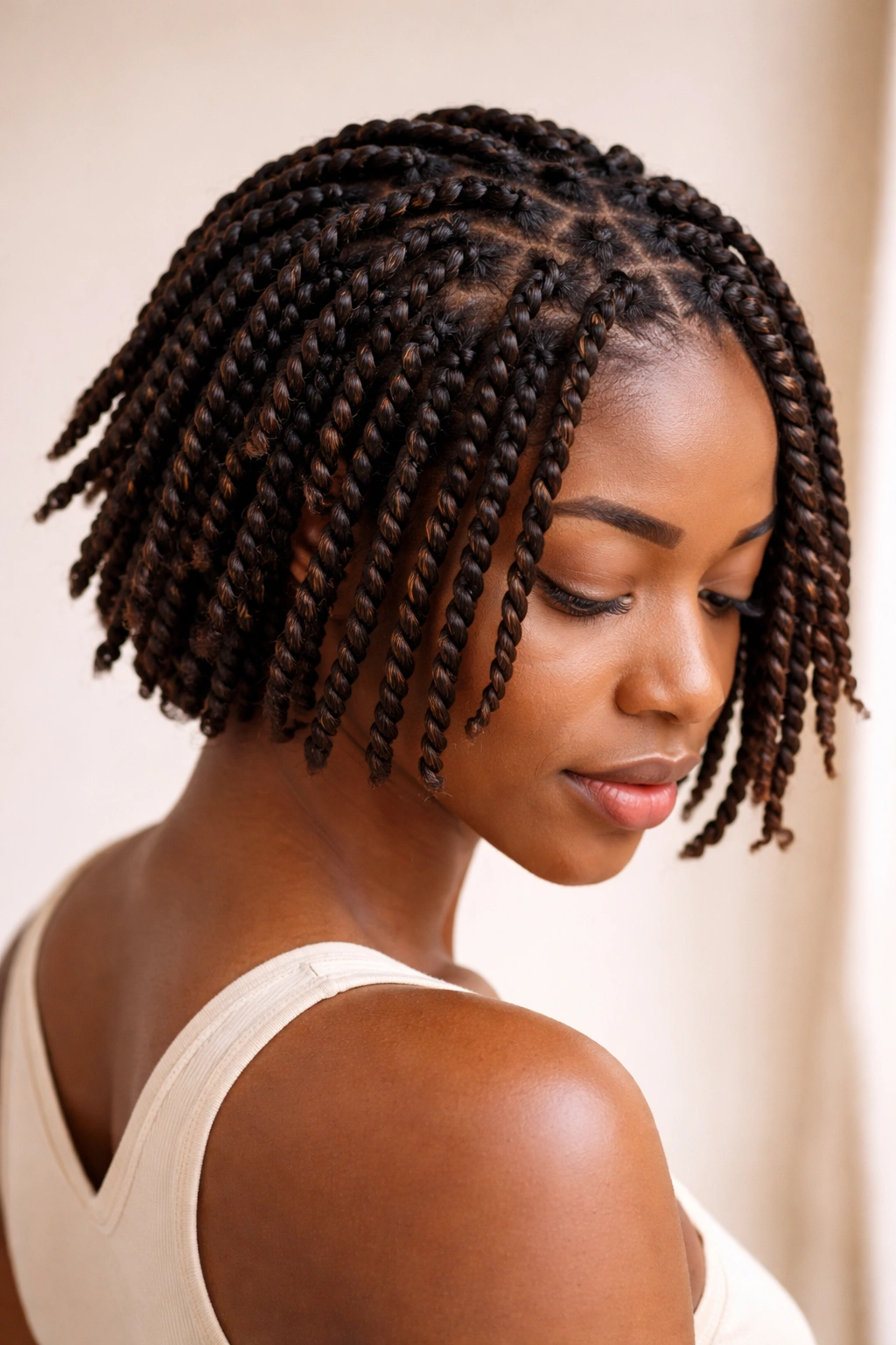 Twisted box braids with spiral texture on short hair