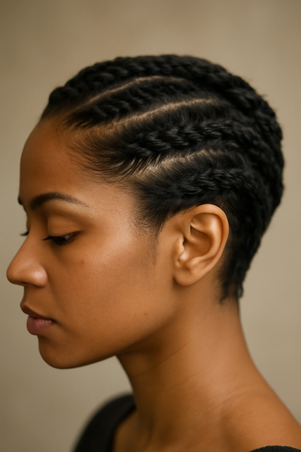 Close-up of a short hairstyle with braided crown sections and twists for a secure hybrid texture