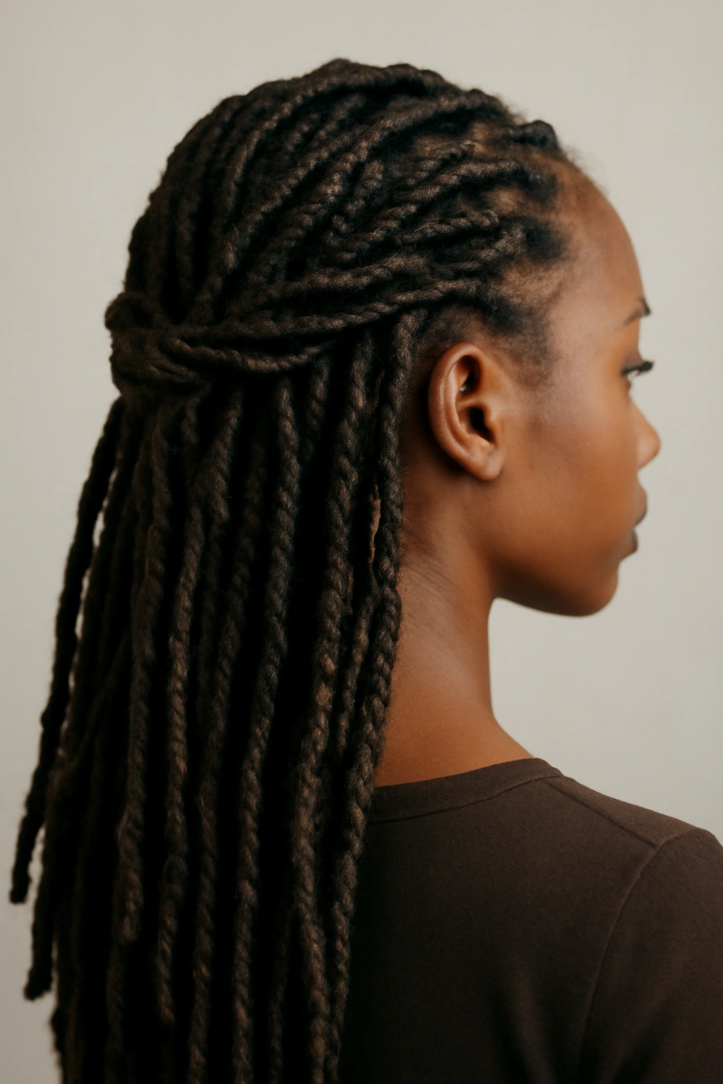 Faux locs featuring twisted and braided sections for texture