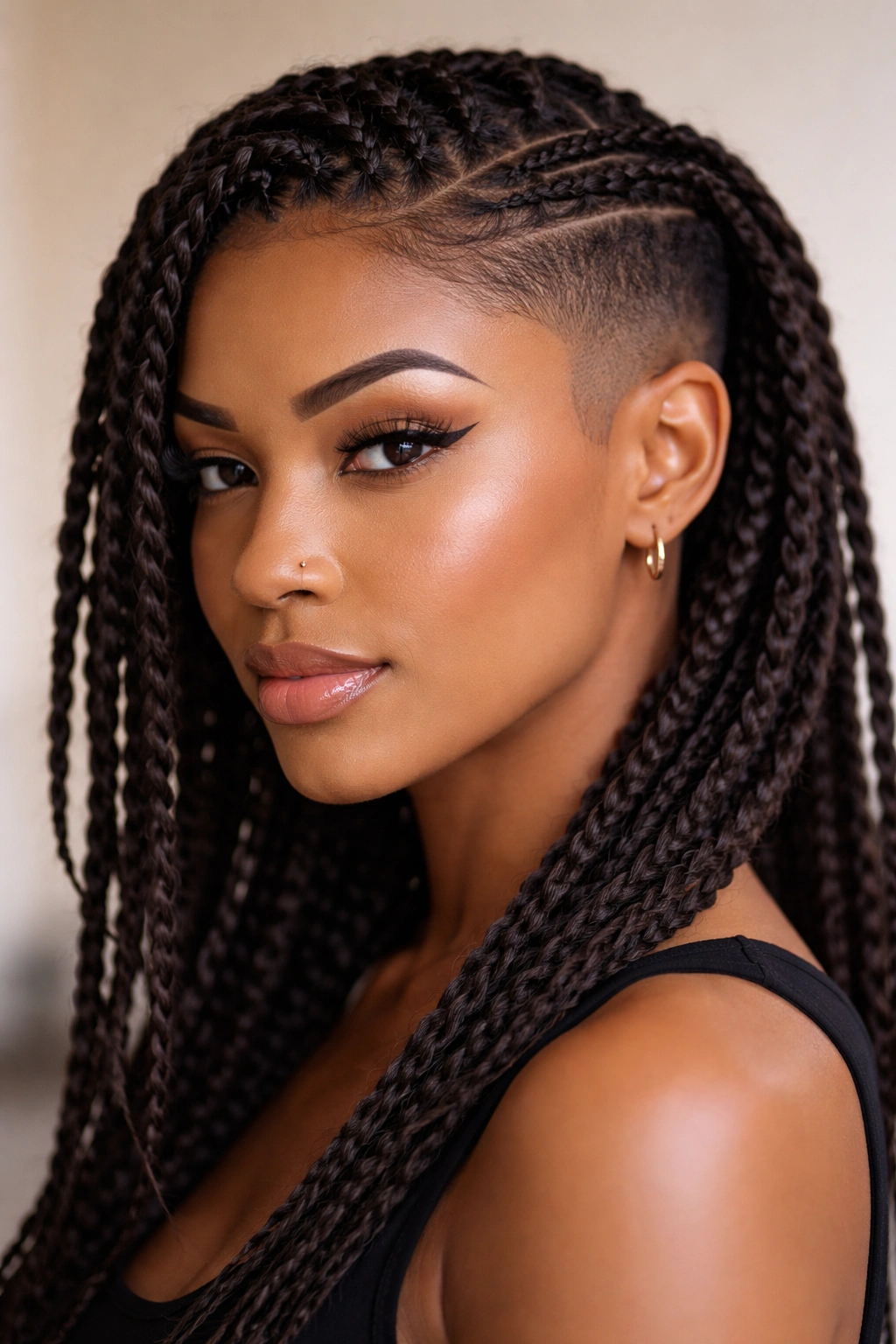 Two-strand twists framing the face with shaved sides