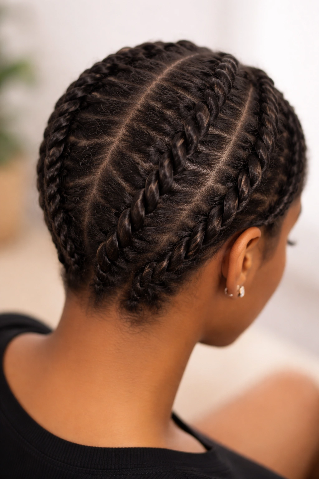 Two-section twisted braids forming a rope-like pattern on short hair.