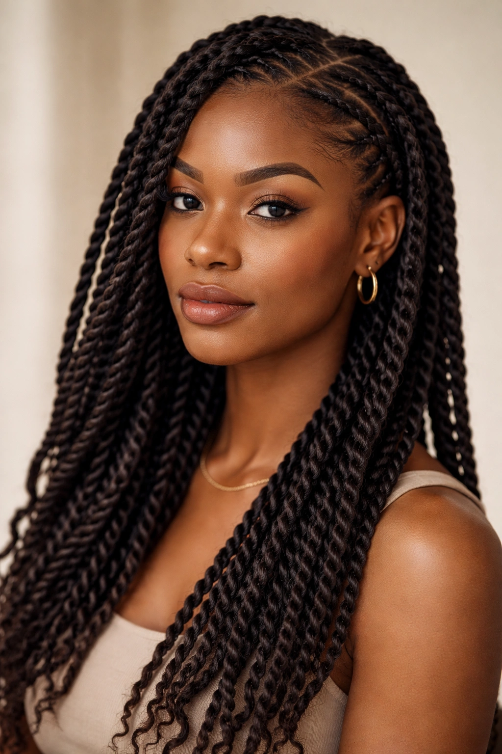 Close-up of rope-like twisted braids along the scalp