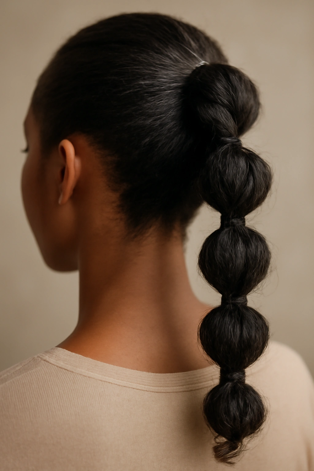 Close-up of a bubble ponytail with twisted/bended strands between elastics on textured hair