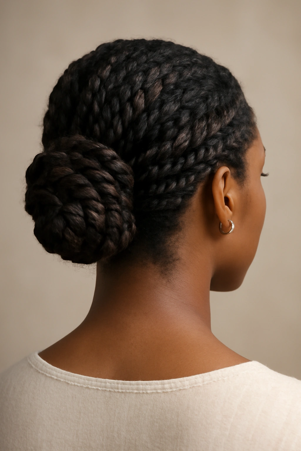 Close-up of Classic Twisted Bun hairstyle with two-strand twists forming a textured updo