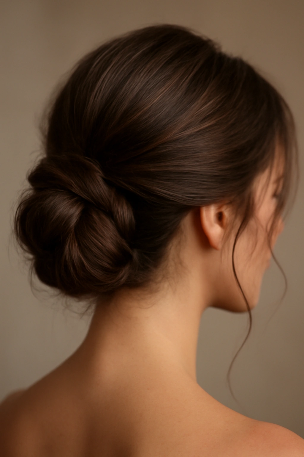 Close-up of a classic twisted chignon at the nape with wispy face-framing strands
