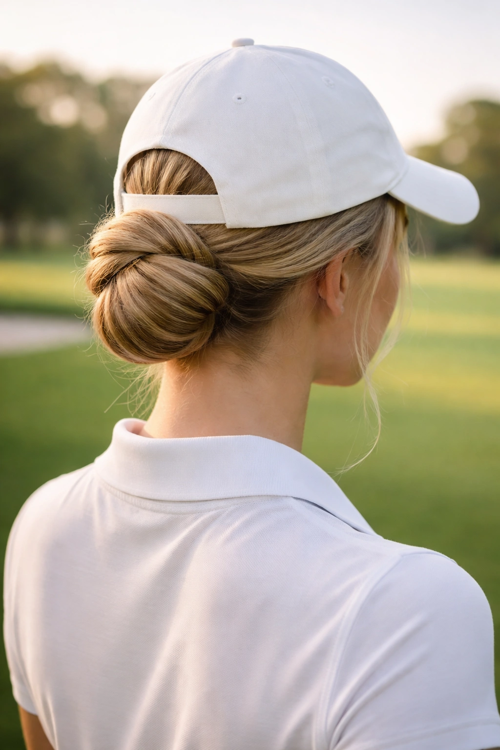 Low twisted chignon at the nape beneath a cap on a golf course