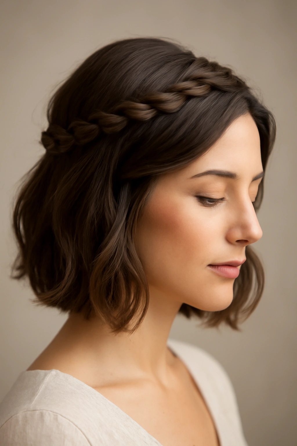 Twisted crown hairstyle on bob with cascading back