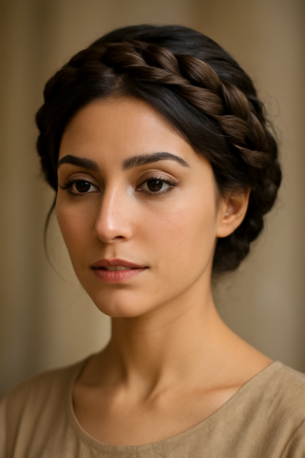 Twisted crown braid wrapping around the head in a halo