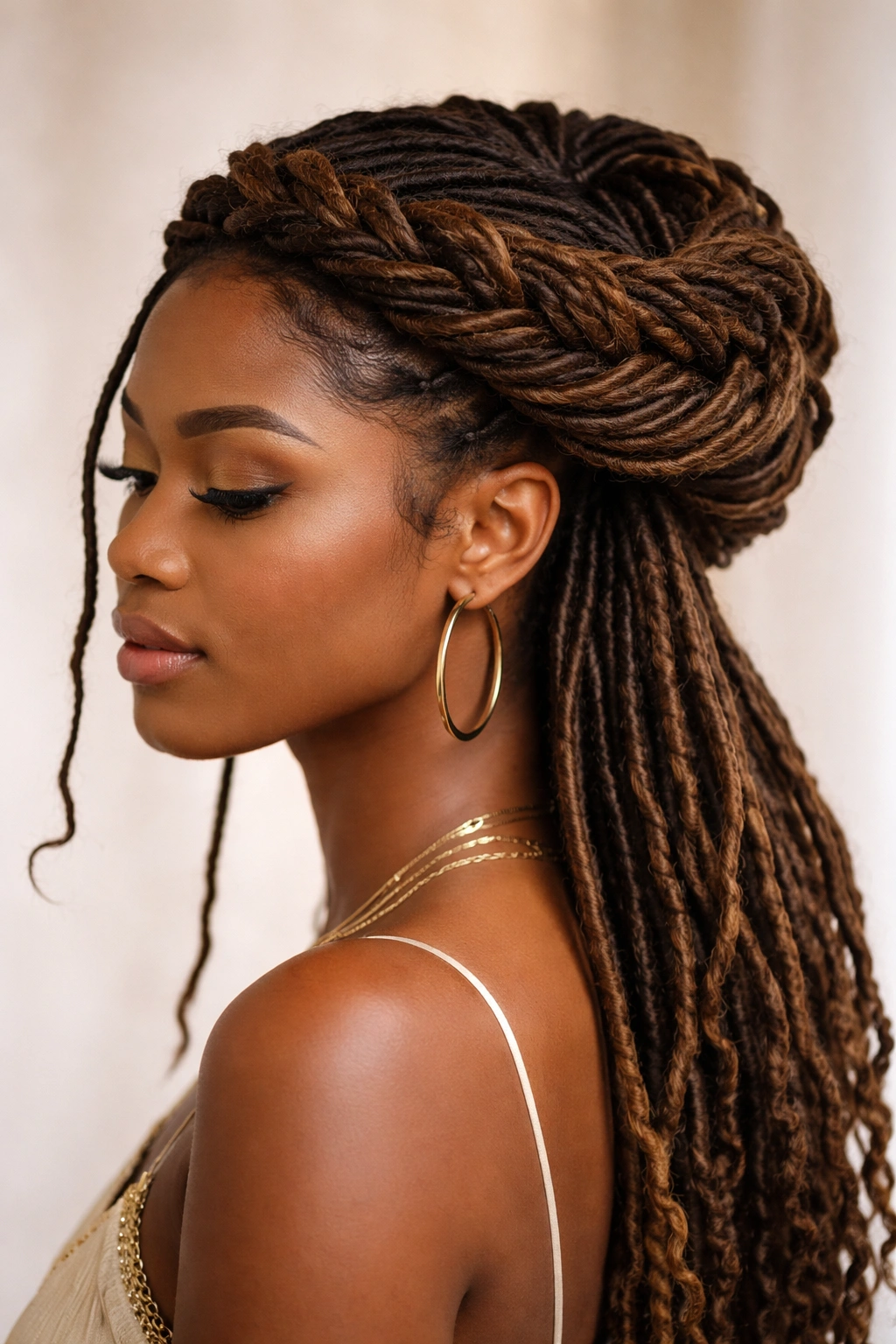 Interlocked twisted crown braid encircling the head