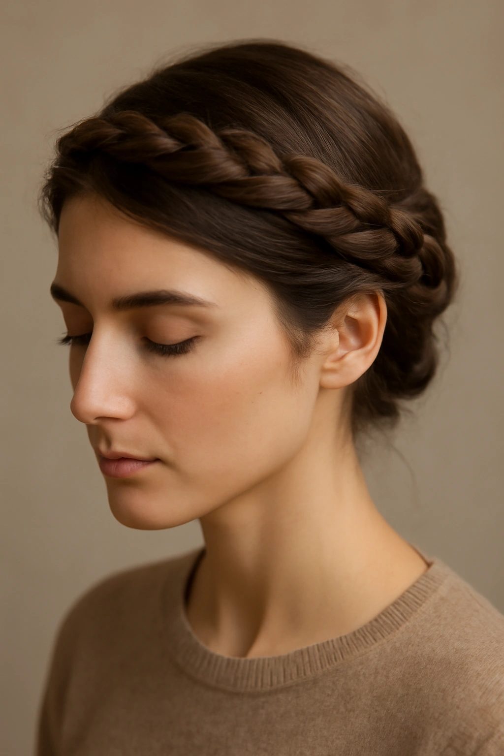 Two soft twists forming a crown around the head, pinned at back.