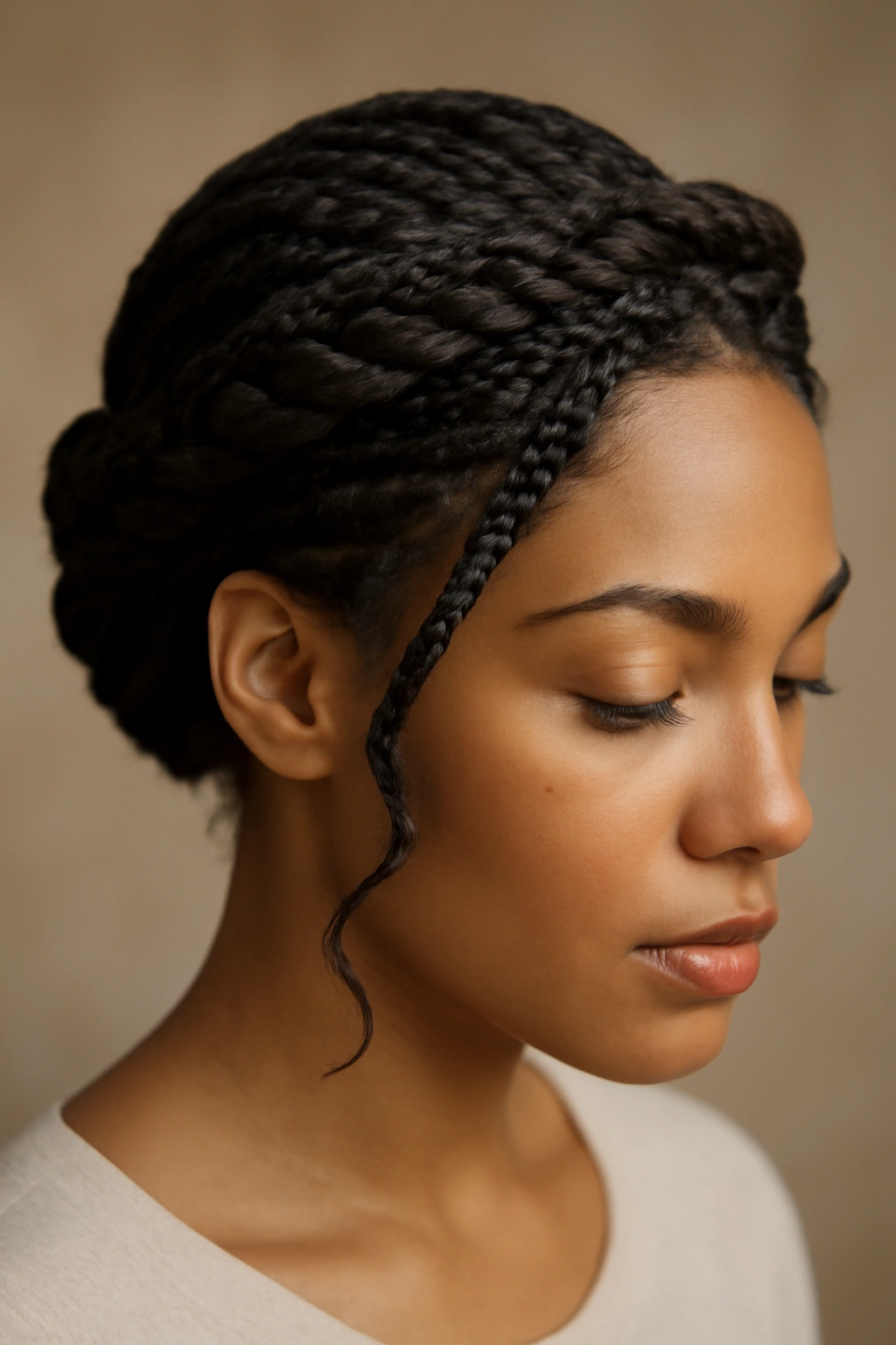 Braids twisted into a crown around the head with ends tucked in