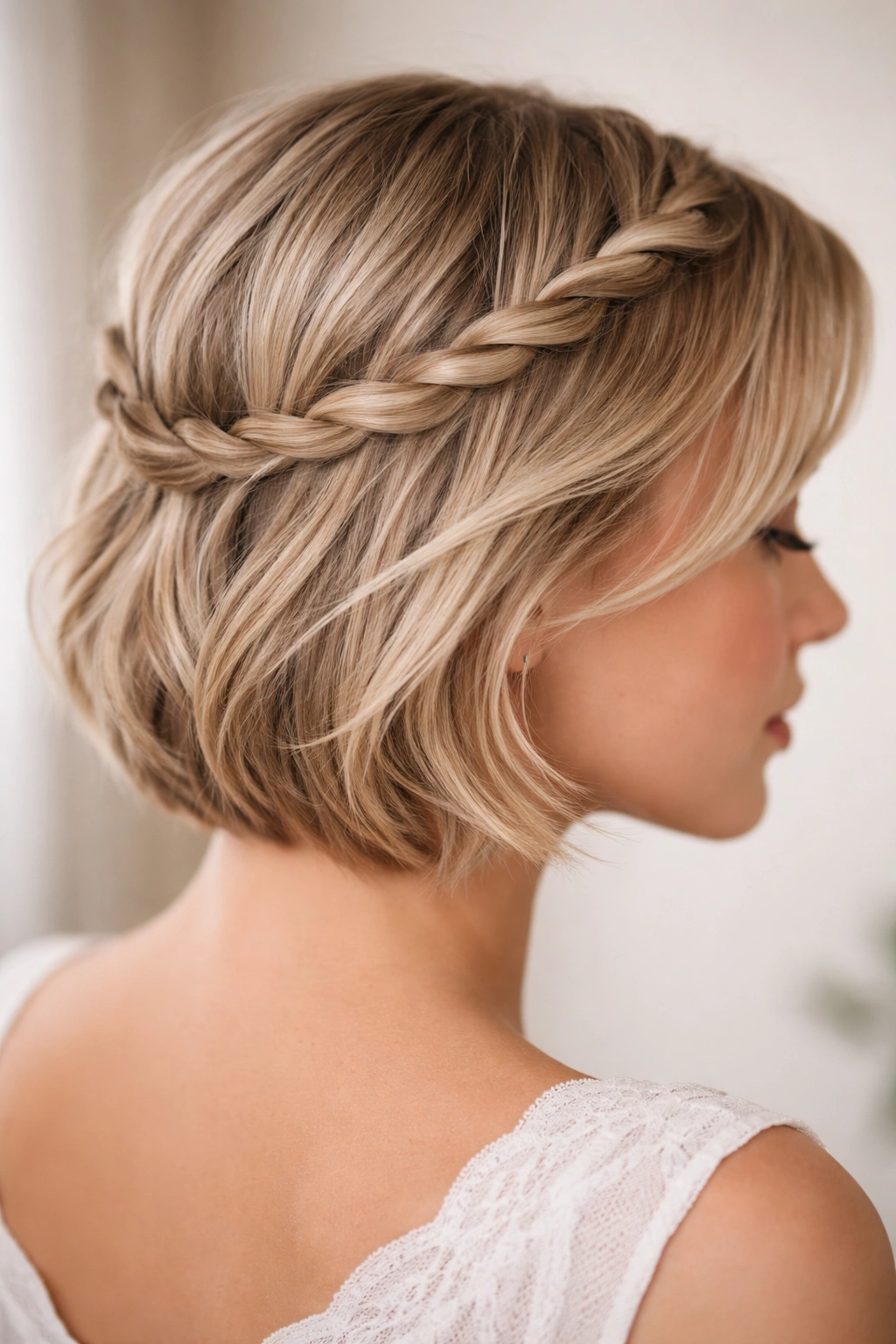 Close-up of two delicate twisted crown braids framing the face on fine hair