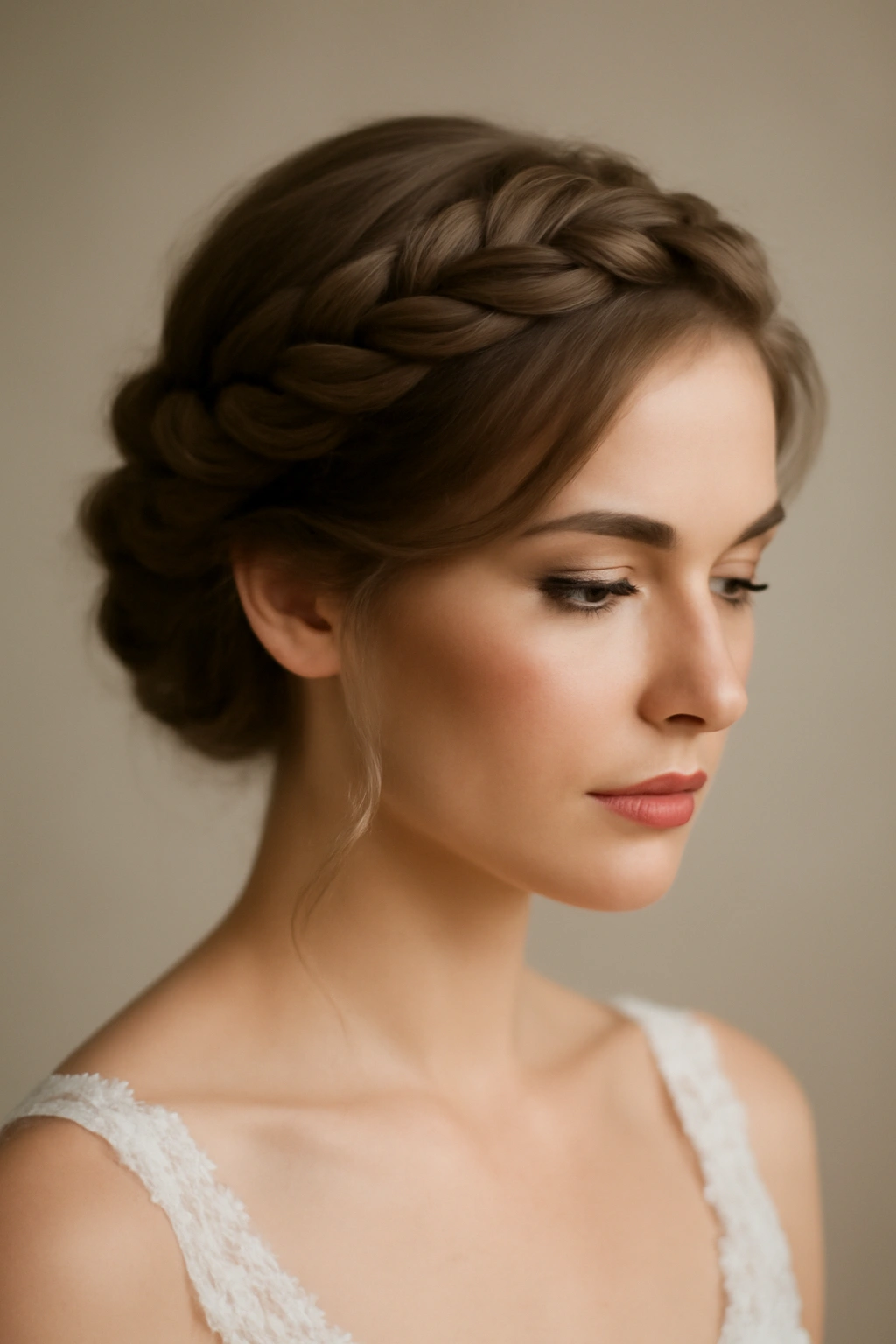 Close-up of a bridal twisted crown hairstyle with halo effect