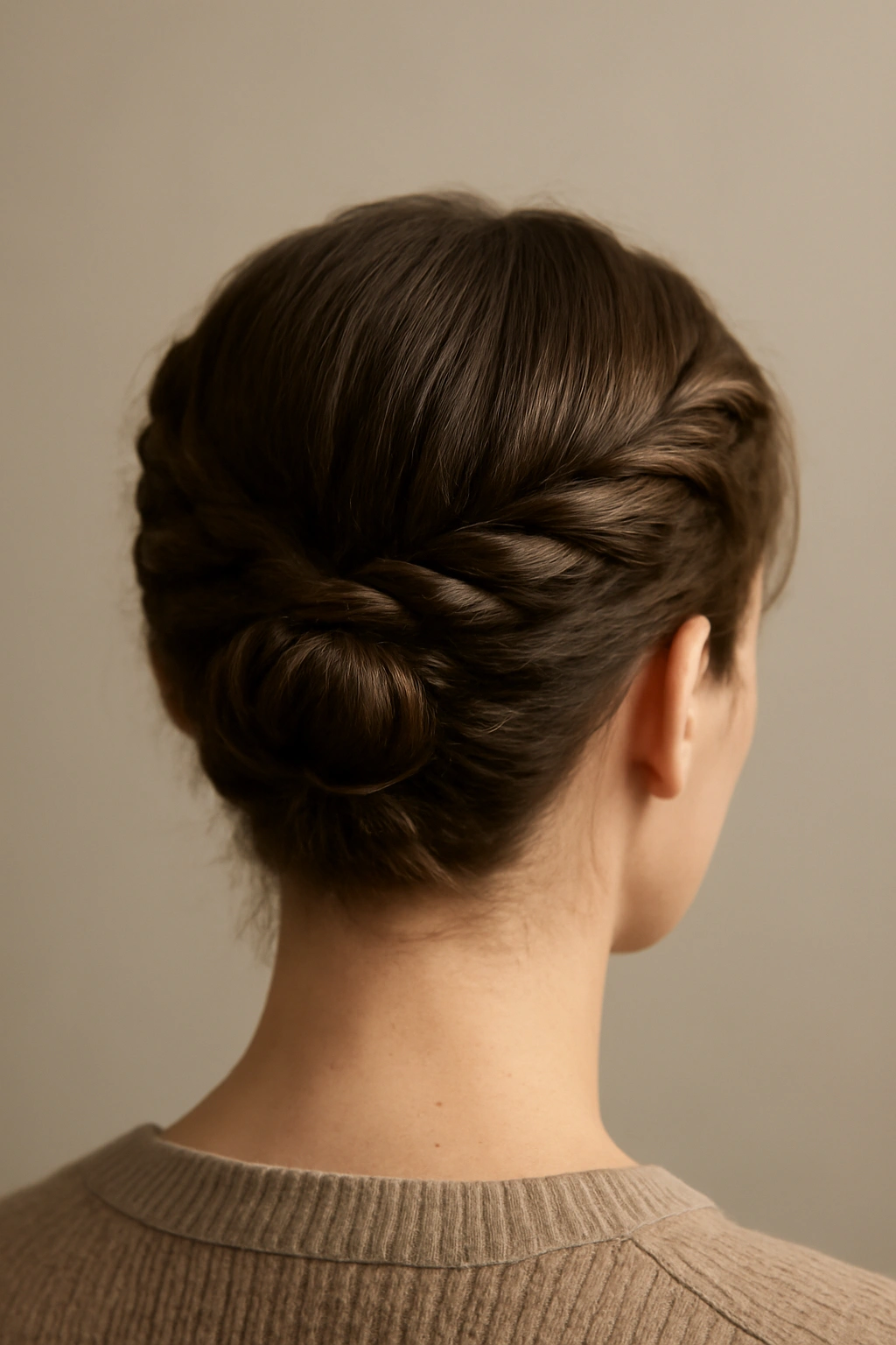 Two twisted sections around the crown creating a halo bun at the back