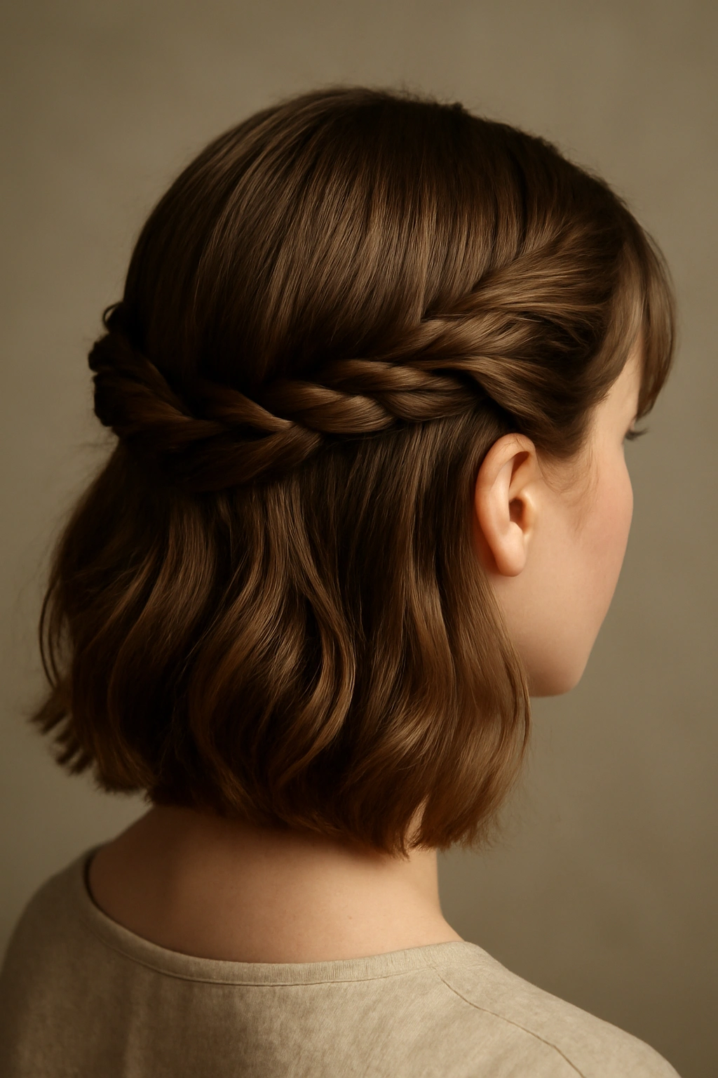 Close-up of a medium-length hairstyle with a twisted crown around a deep center part.