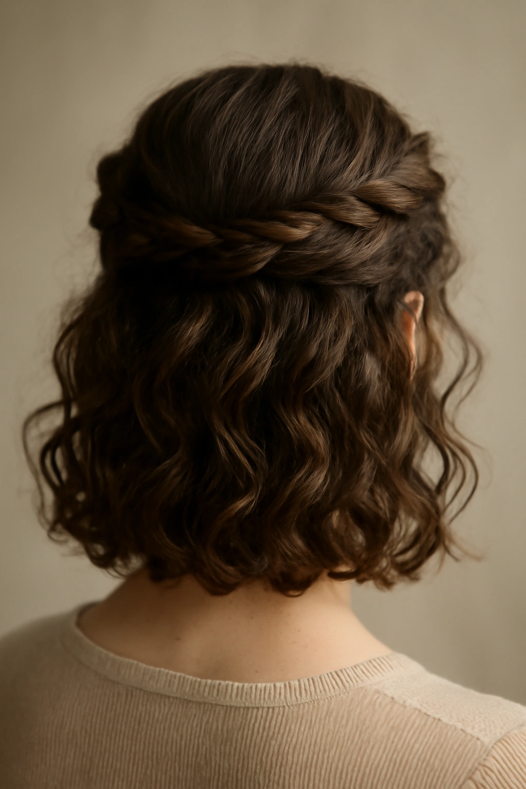Front view of a twisted crown with loose curls