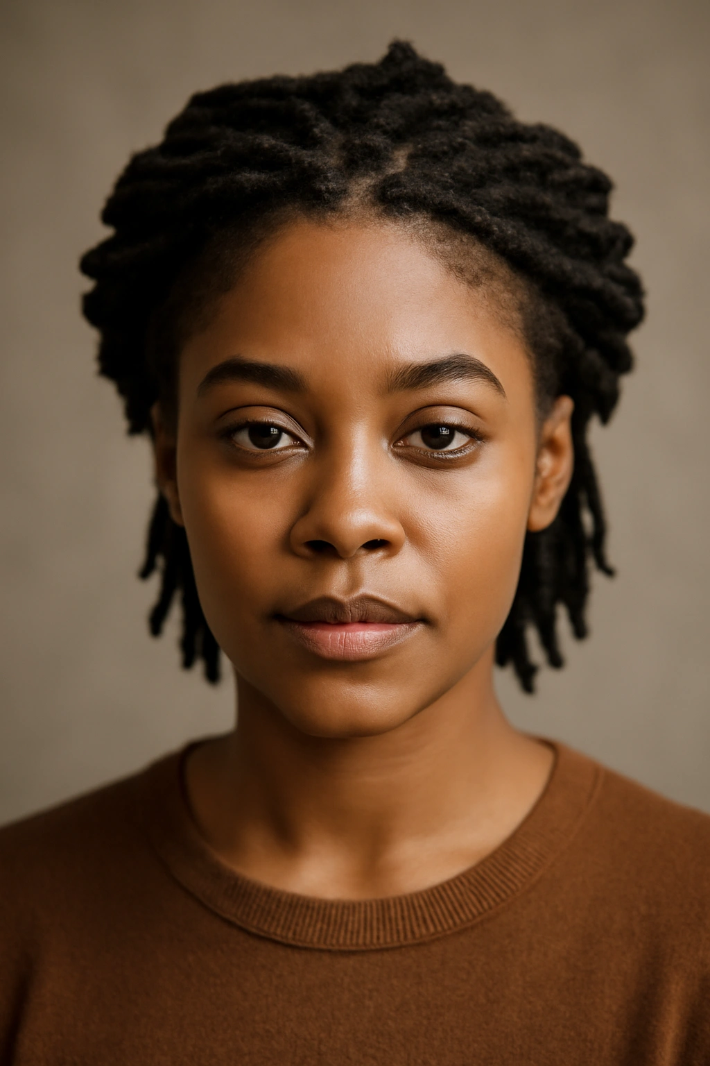 Close-up of a short dreadlock crown twisting around the head.