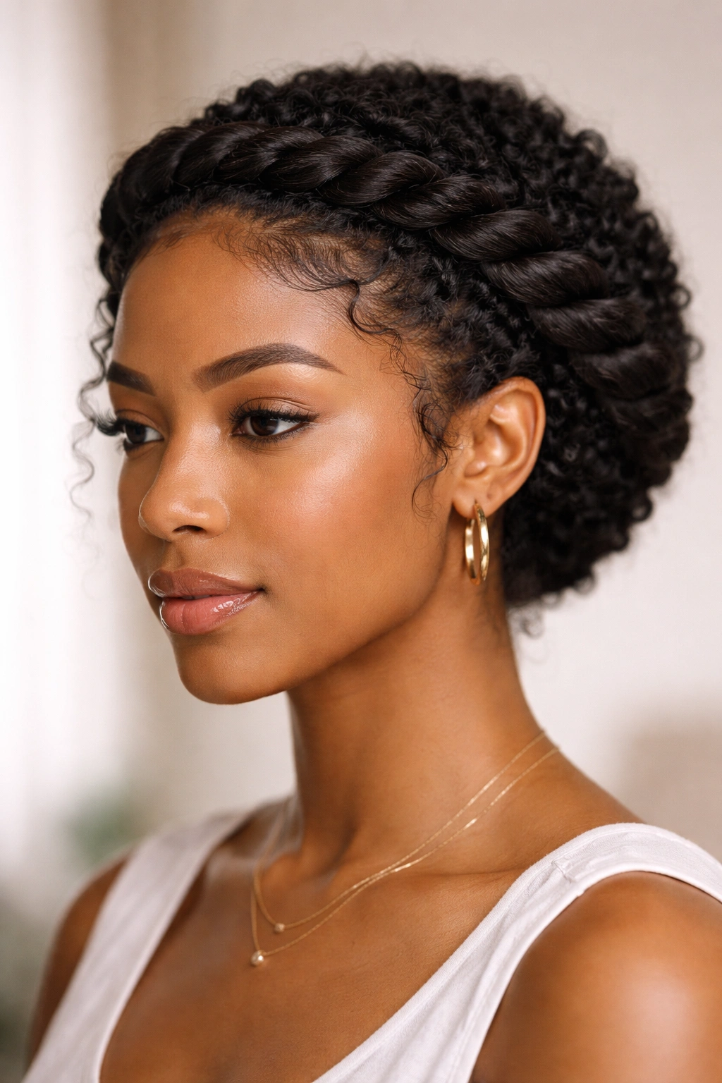 Twisted crown hairstyle with two flat twists forming a crown