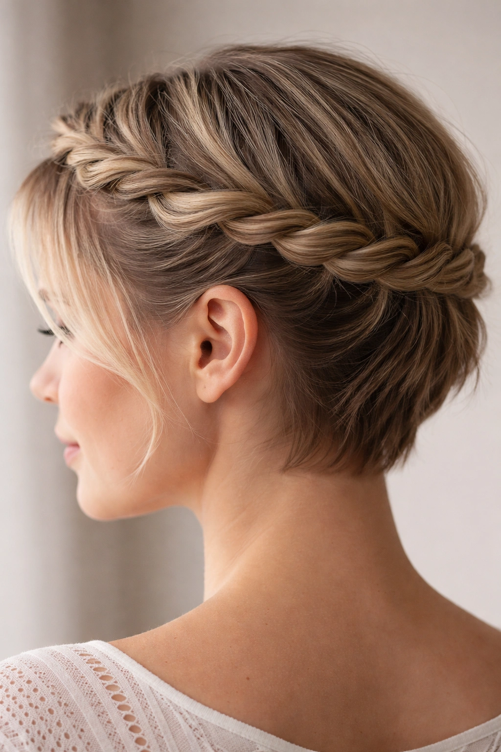 Narrow twisted crown around the head with pins tucked under