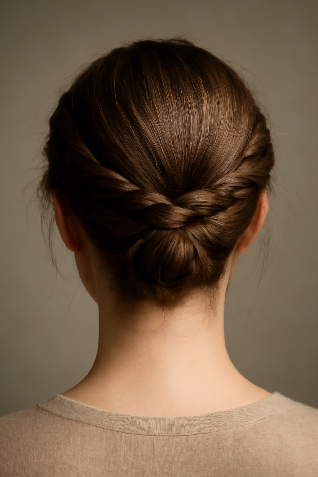 Top-back view of twisted crown hairstyle with two twists