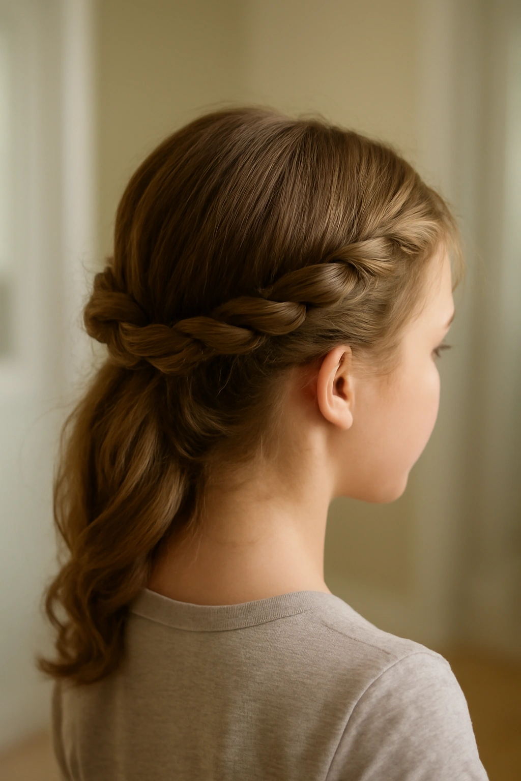 Close-up of a child's head showing a twisted crown hairstyle with two rope-like twists