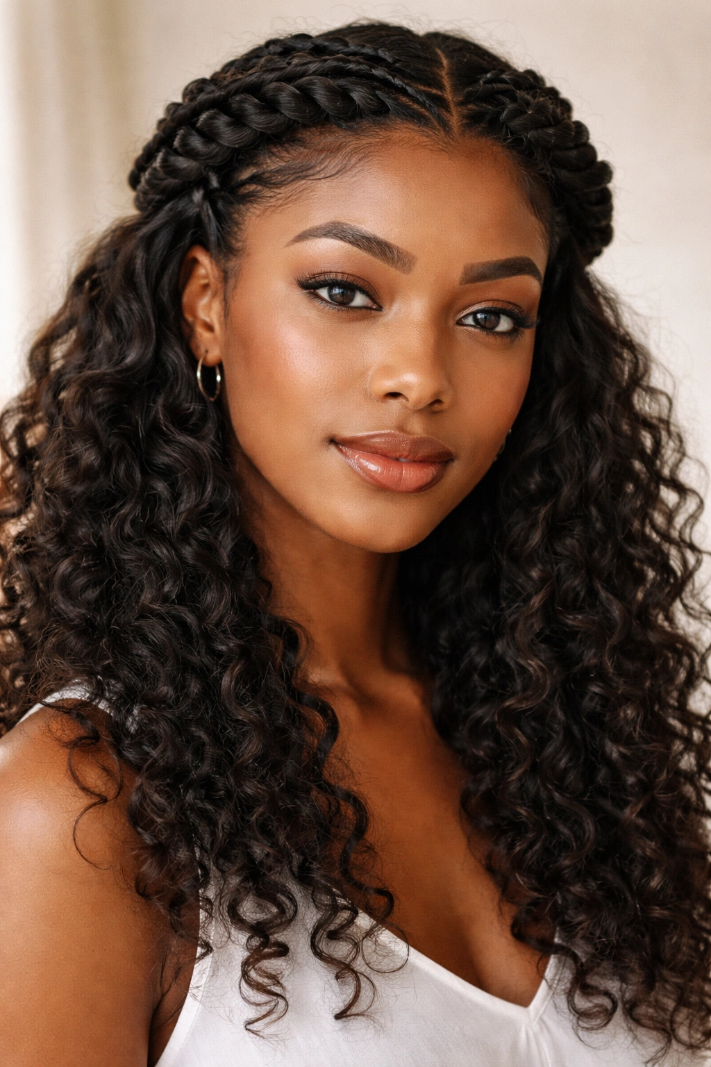 Portrait of a twisted crown hairstyle with loose ends framing the face.