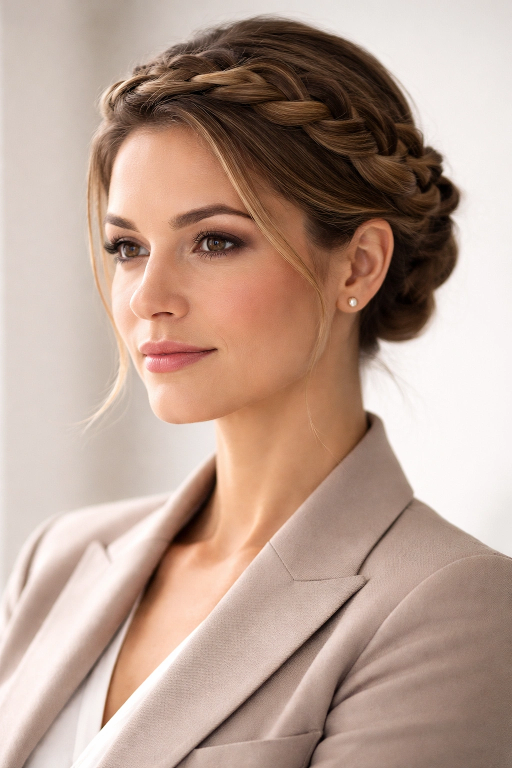 Close-up of a twisted crown hairstyle forming an elegant crown around the head