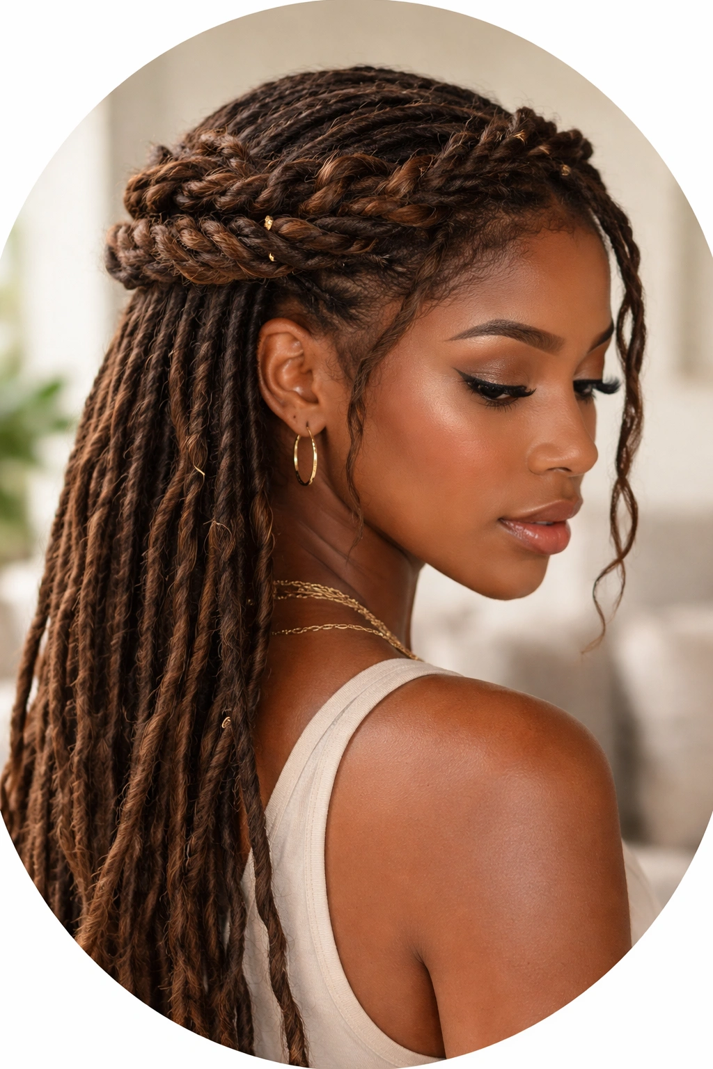 Dreadlocks twisted into a crown around the head