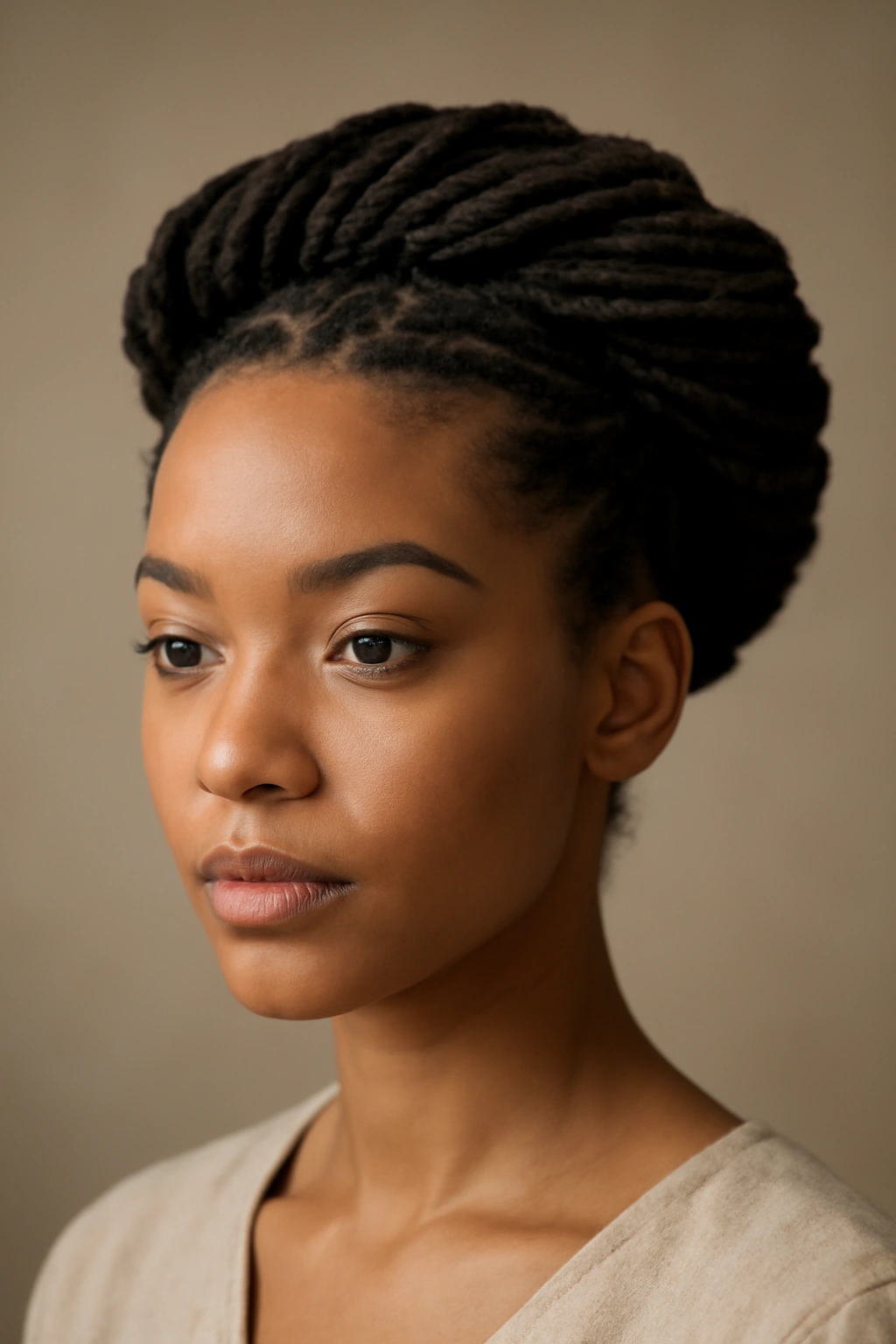 Close-up of twisted crown locs forming a halo around the head in studio lighting
