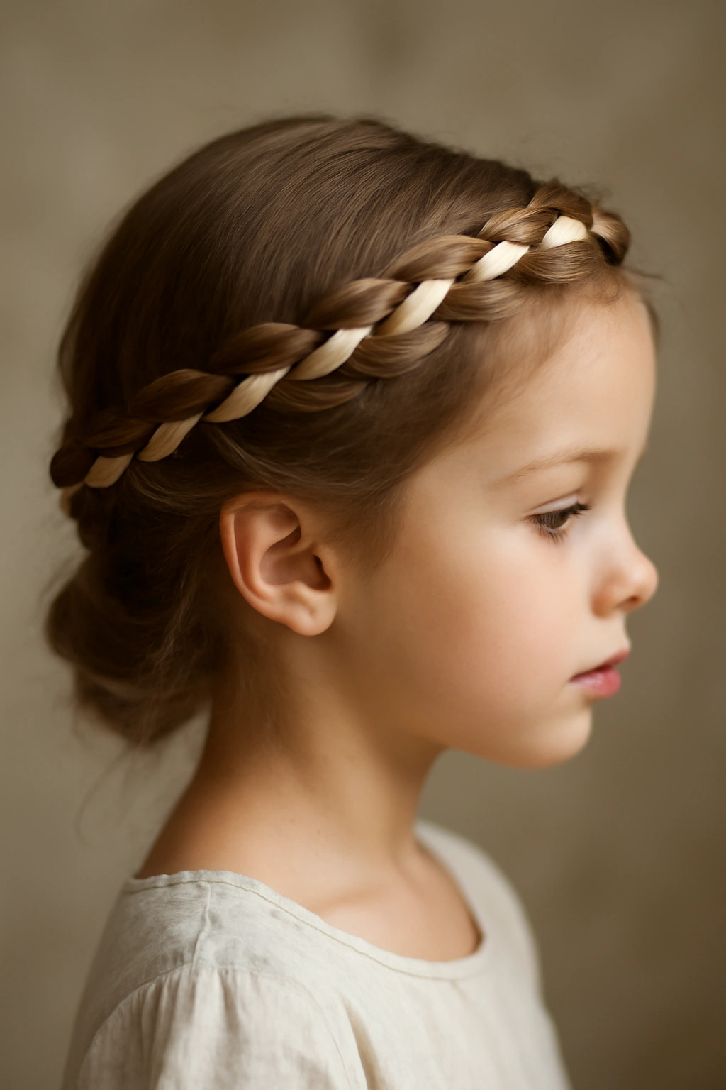 Two-strand twists forming a crown with a ribbon woven through around a child's head