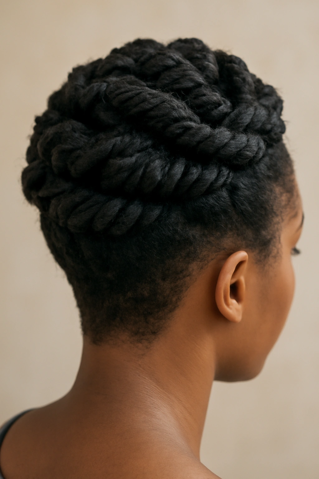 Top view of a head with twists forming a crown on top and short back