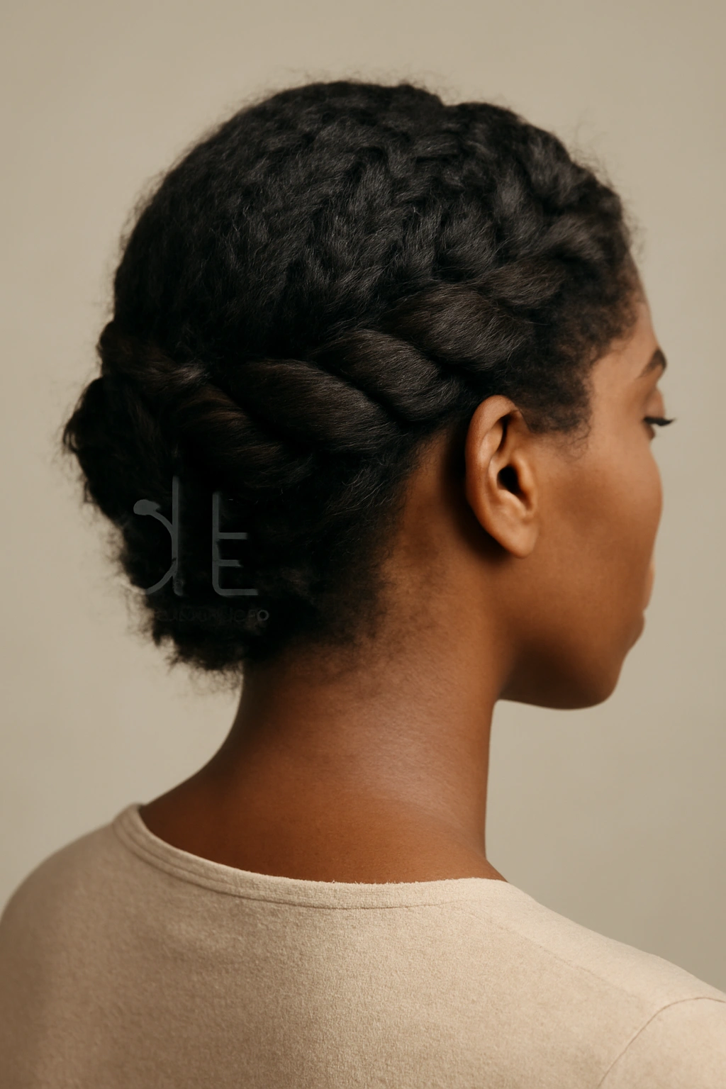 Twisted crown updo wrapped around the head secured by a claw clip