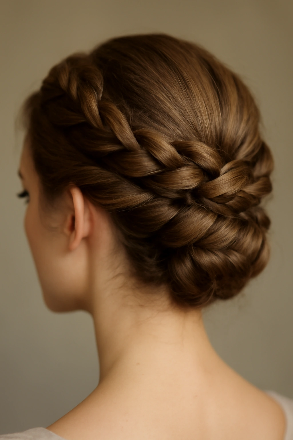 Close-up of a woman's head with a twisted crown updo highlighting textured hair in a sculptural style