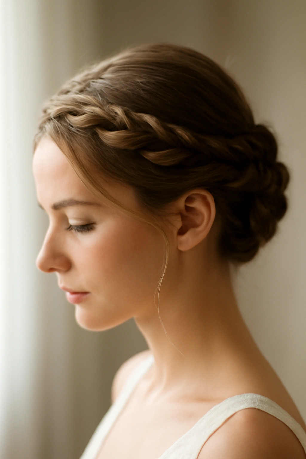 Twisted crown hairstyle with two spiraling twists around the crown