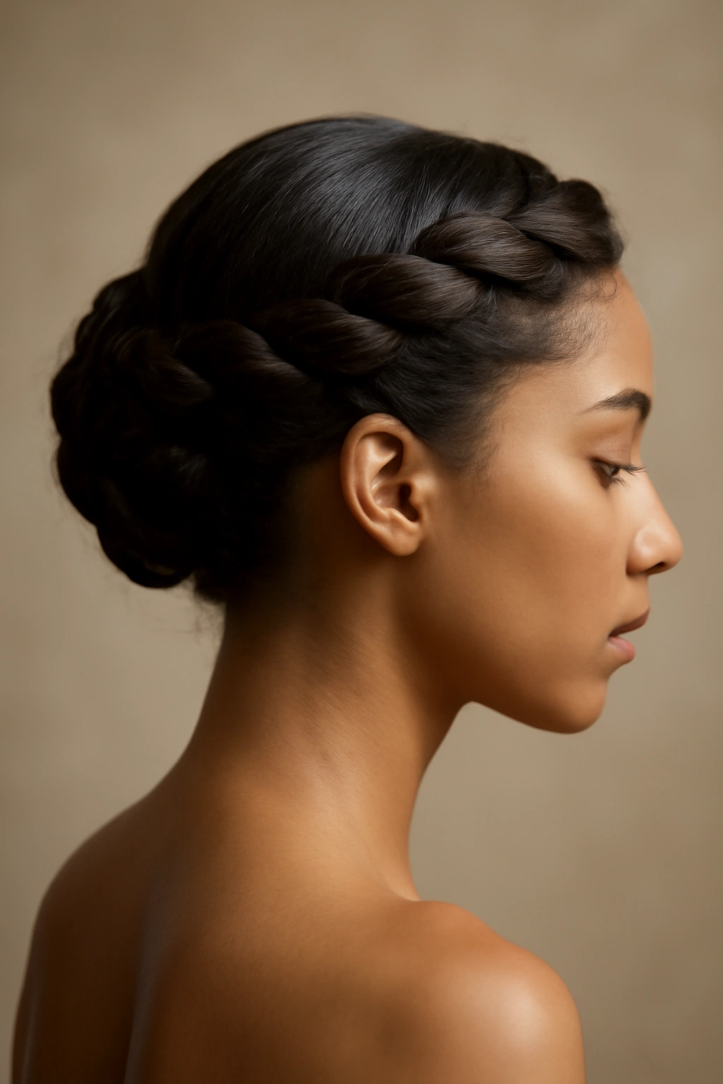 Close-up of twisted crown updo with halo effect