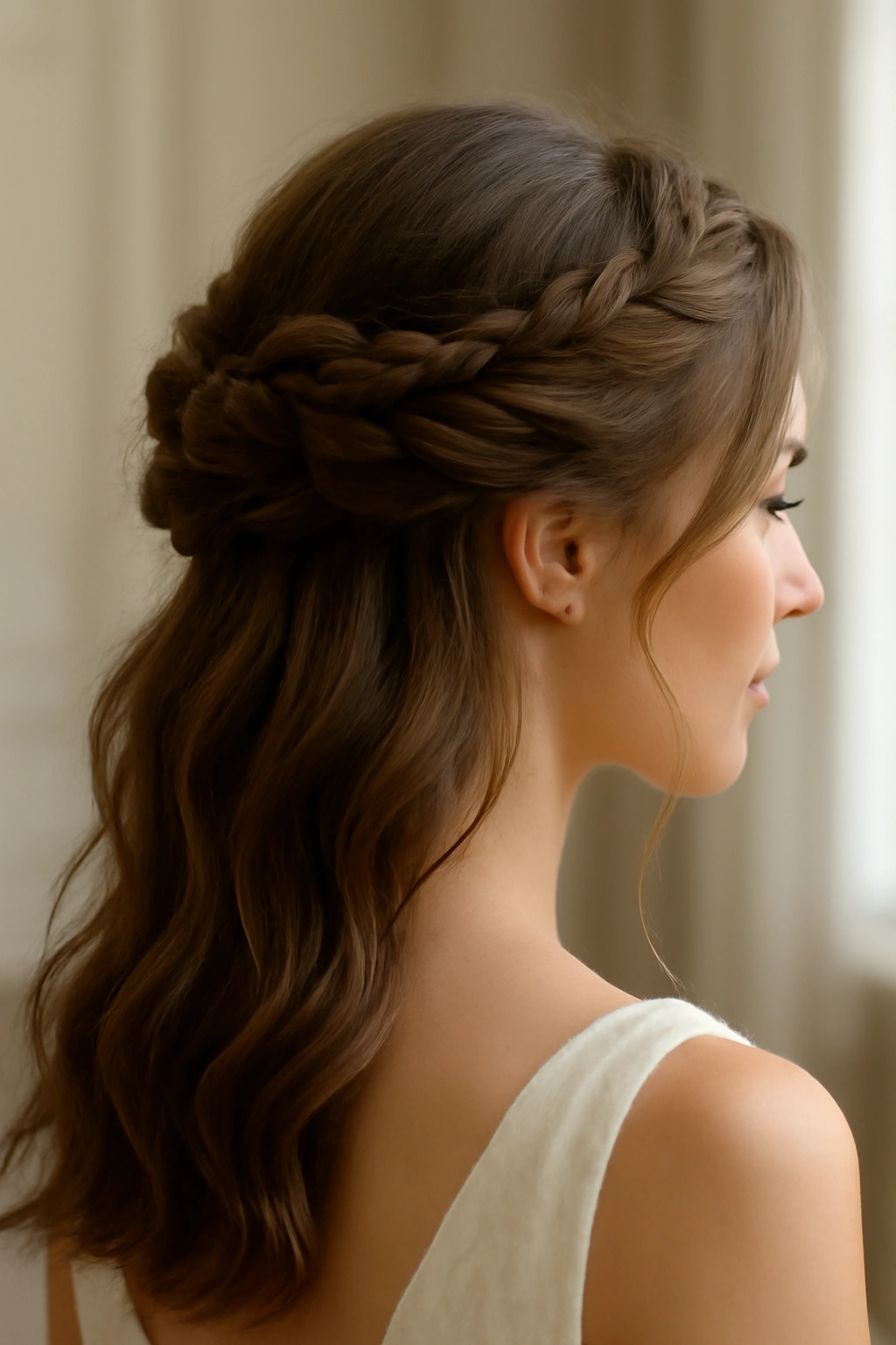 Close-up of a twisted crown updo with loose waves for a romantic bridal look